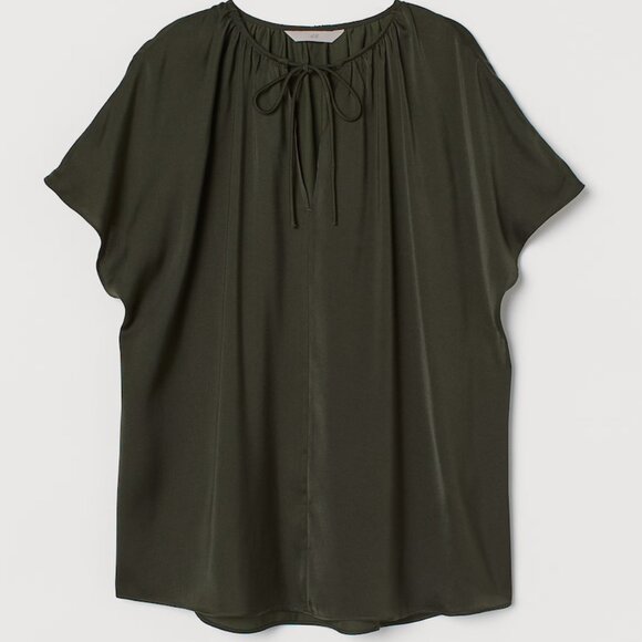 V-neck Satin Short Sleeve Blouse - Picture 1 of 5